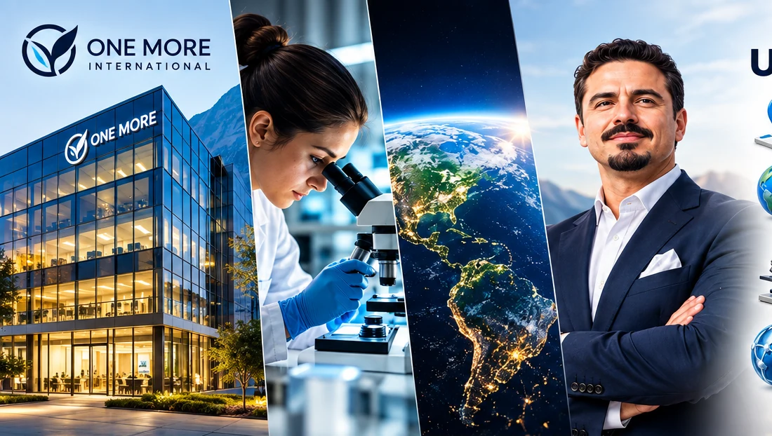 Sede de One More International, una científica con microscopio, el planeta Tierra de noche y el fundador de One More