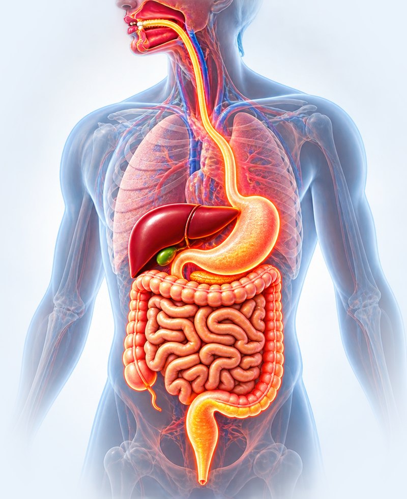 Ilustración del sistema digestivo: boca, estómago, hígado e intestinos